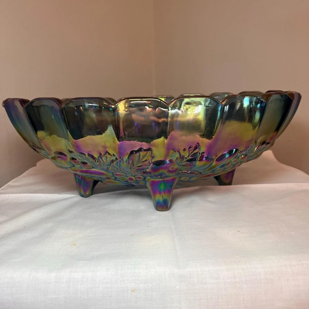 Vintage Carnival Glass Blue Iridescent Footed Fruit Bowl Harvest Pattern 12